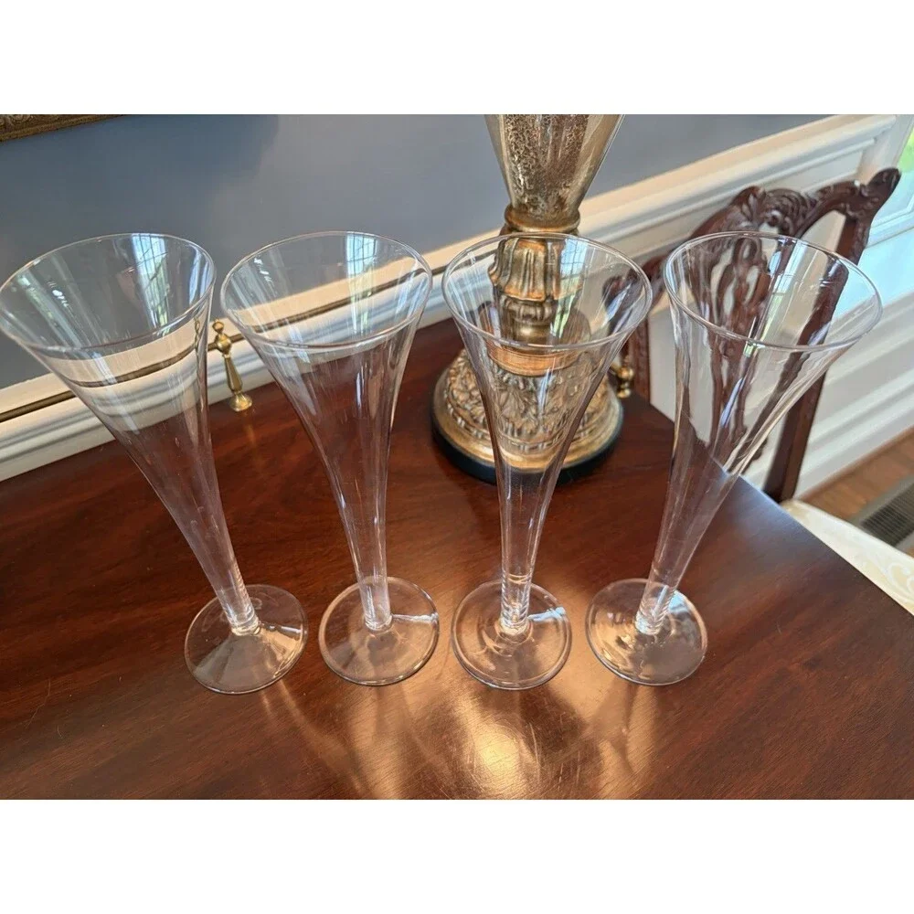 Crate & Barrel Optic Champagne Flutes Set 4 Modern Clear Glass Hollow Stem 10